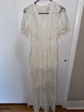 Pink Lily Ivory Lace Maxi Dress with V-Neck